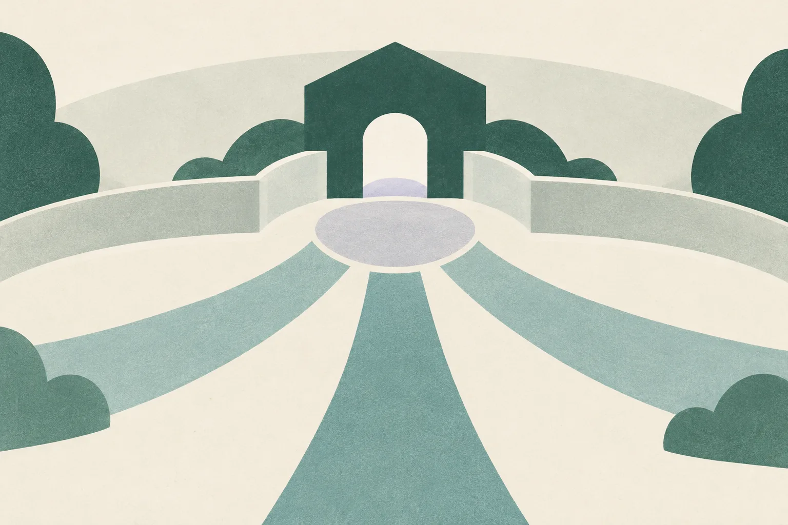 Three pale pathways meet a simple threshold inside a calm, bounded field, with fine lines suggesting coordinated care planning.