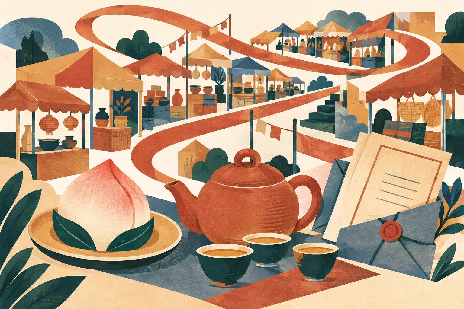 A layered cut-paper collage of simplified market stalls, a teapot, a red peach cake and an open letter, linked by a looping ribbon.