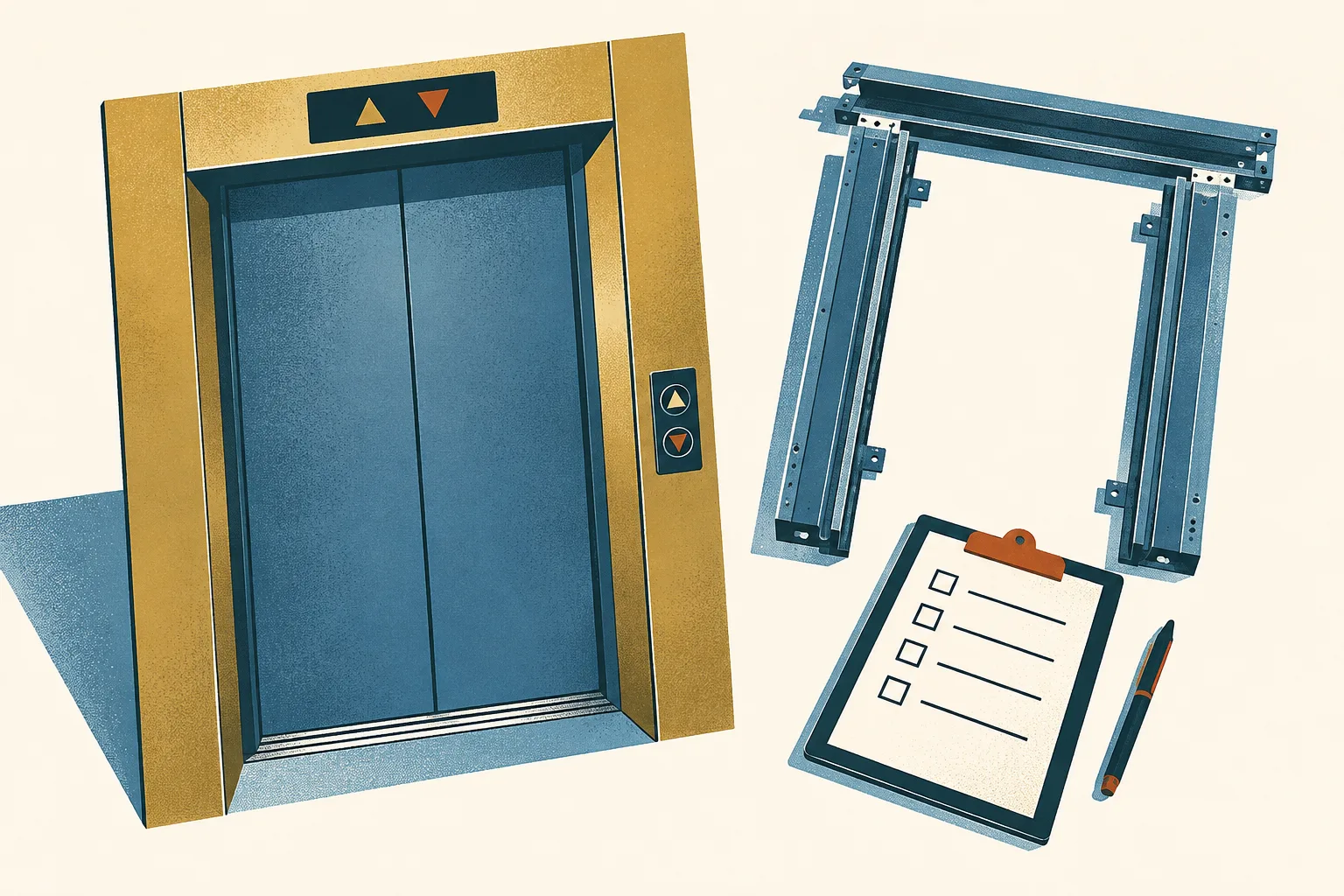A generic lift doorway, a separate door-frame component, and a small inspection checklist arranged on a cream background.
