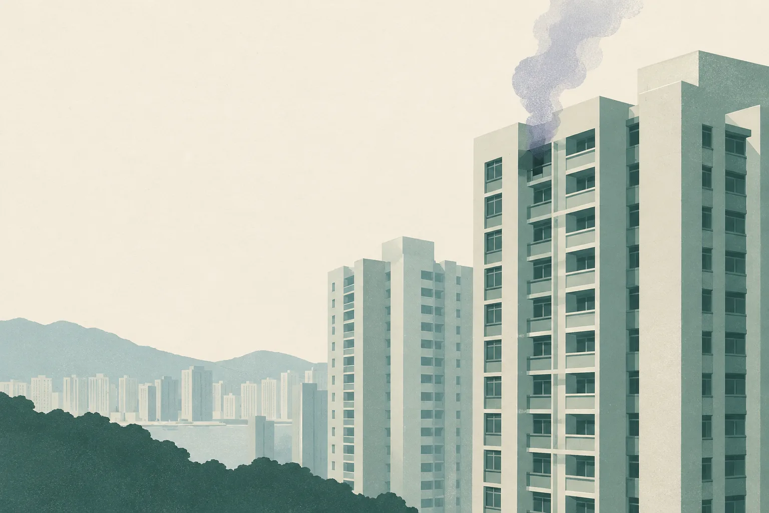 A pale, abstract residential facade with one shaded upper opening and a faint trace of smoke above it, surrounded by open cream space.