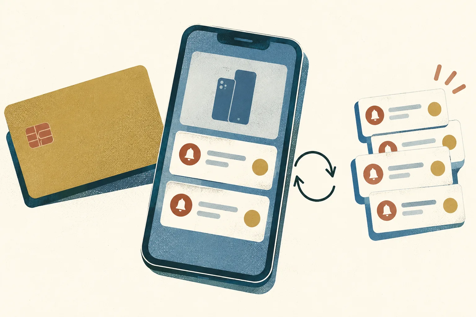A generic smartphone and payment card beside two matching transaction tiles, connected by a small looping line on a cream background.