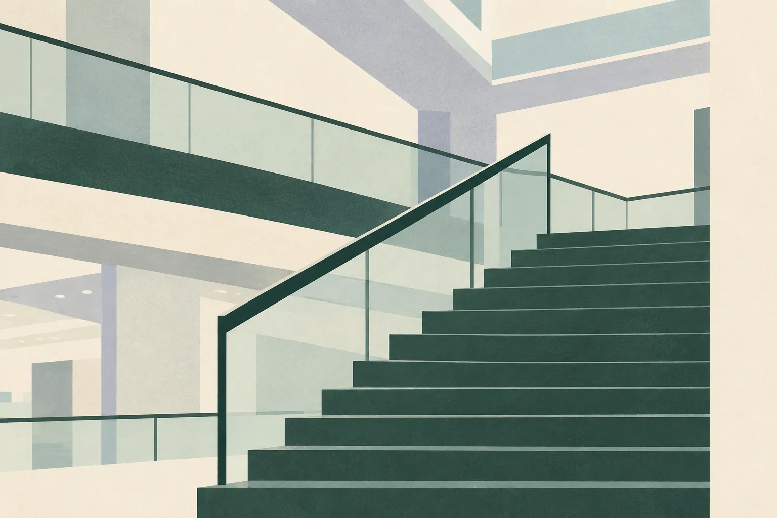 Sparse cream and muted-green architectural planes form a generic flight of steps, with a small interruption in the pattern.