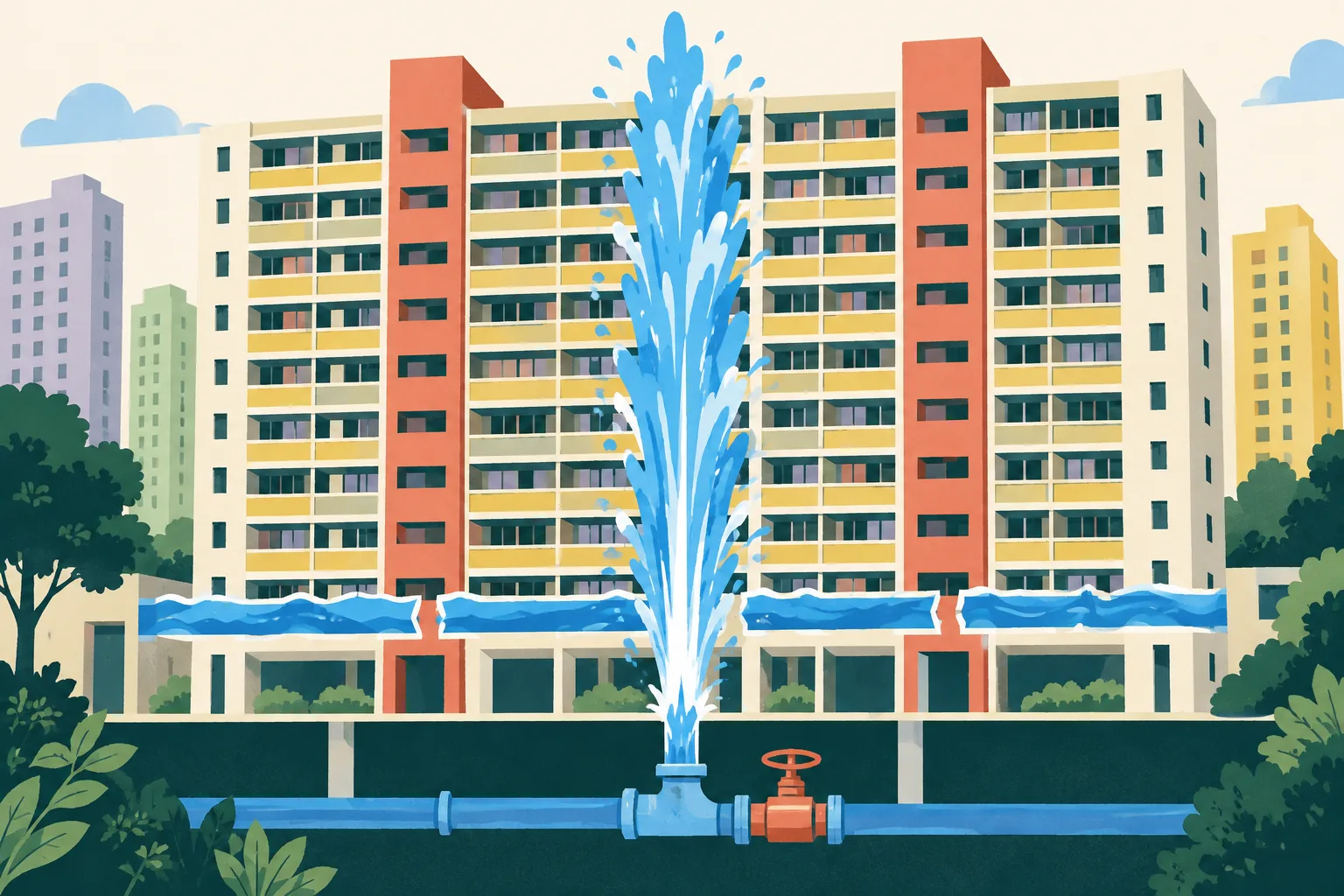 A generic cut-paper residential block beside a blue water jet rising from a ground-level pipe, with a small valve detail and a broken blue band across the lower floors.