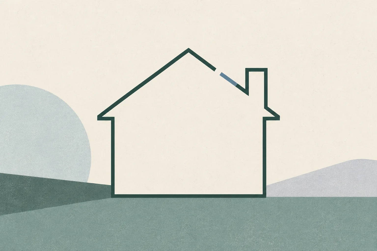 A sparse cream field with a soft green abstract outline suggesting a home; one fine line stops short, leaving a small open gap.
