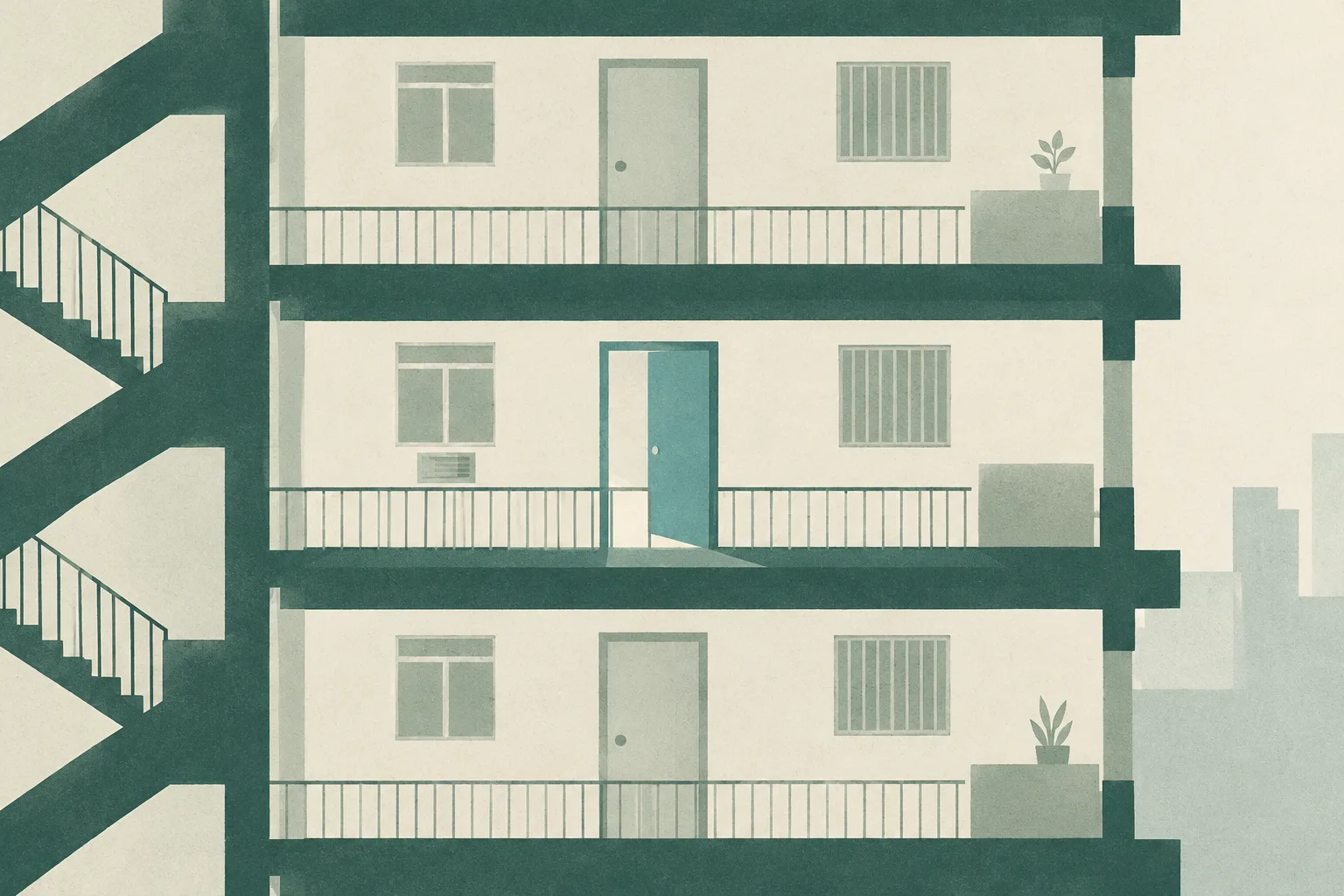 A sparse abstract floor-plan shape with a muted teal break at a third-floor threshold on a cream background.