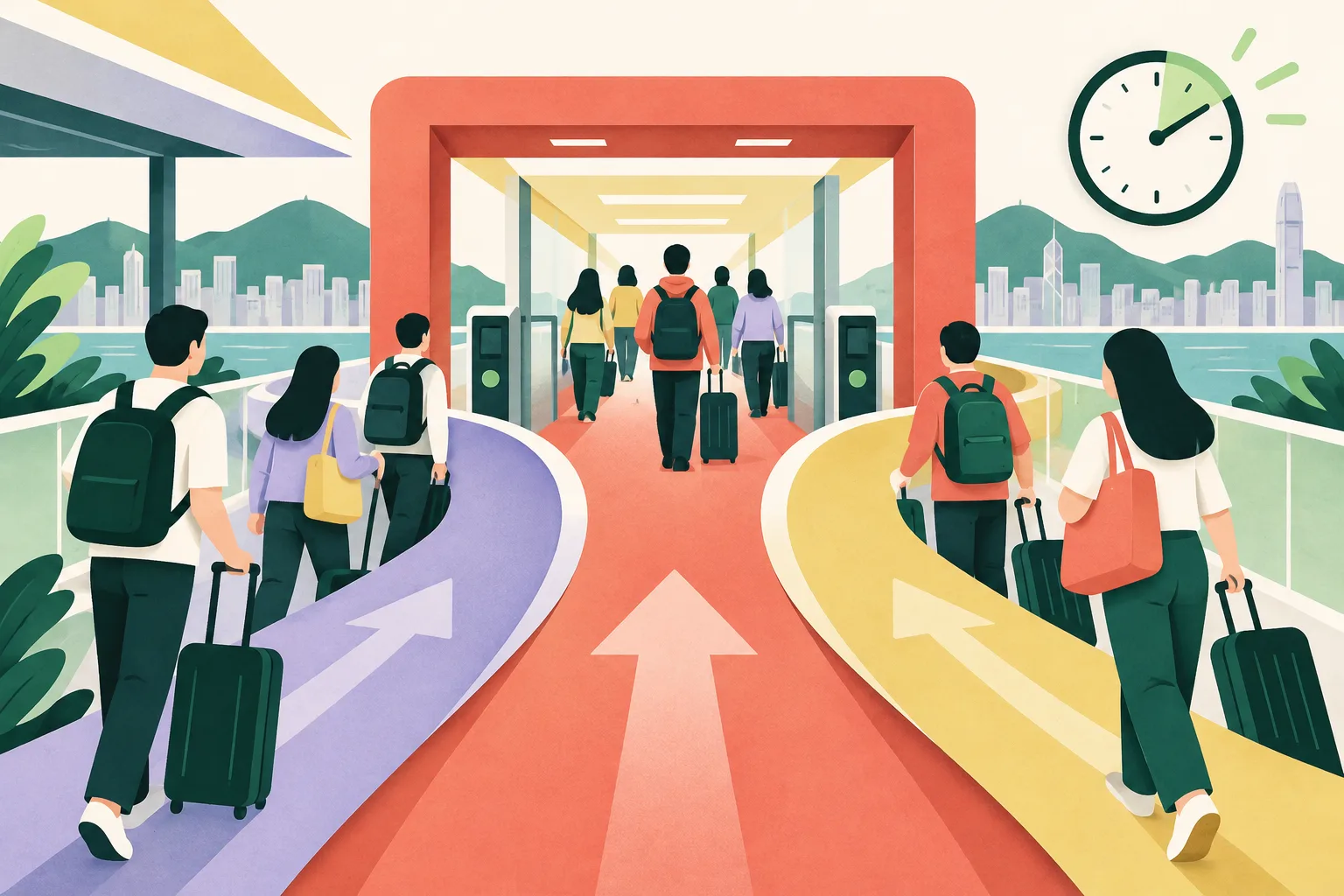 Bright cut-paper transit paths converge through a simple abstract gateway, forming one clear route across a cream background.