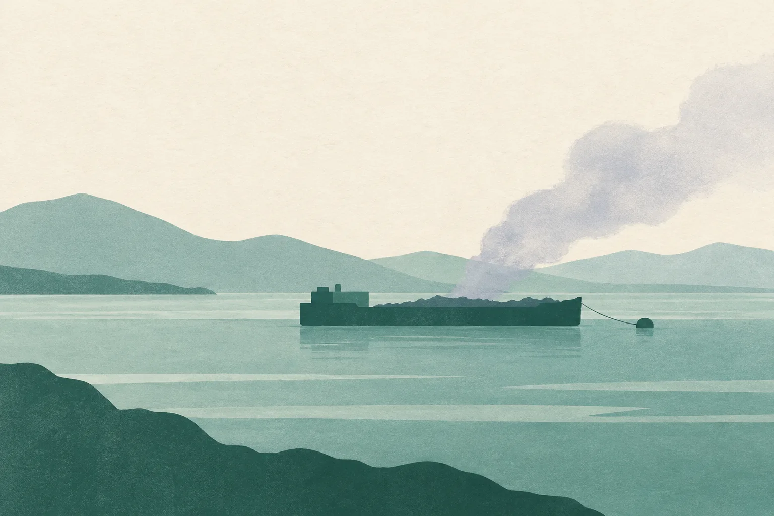 A simple barge shape rests on muted bands of water and shore as a faint veil of smoke drifts across the scene.