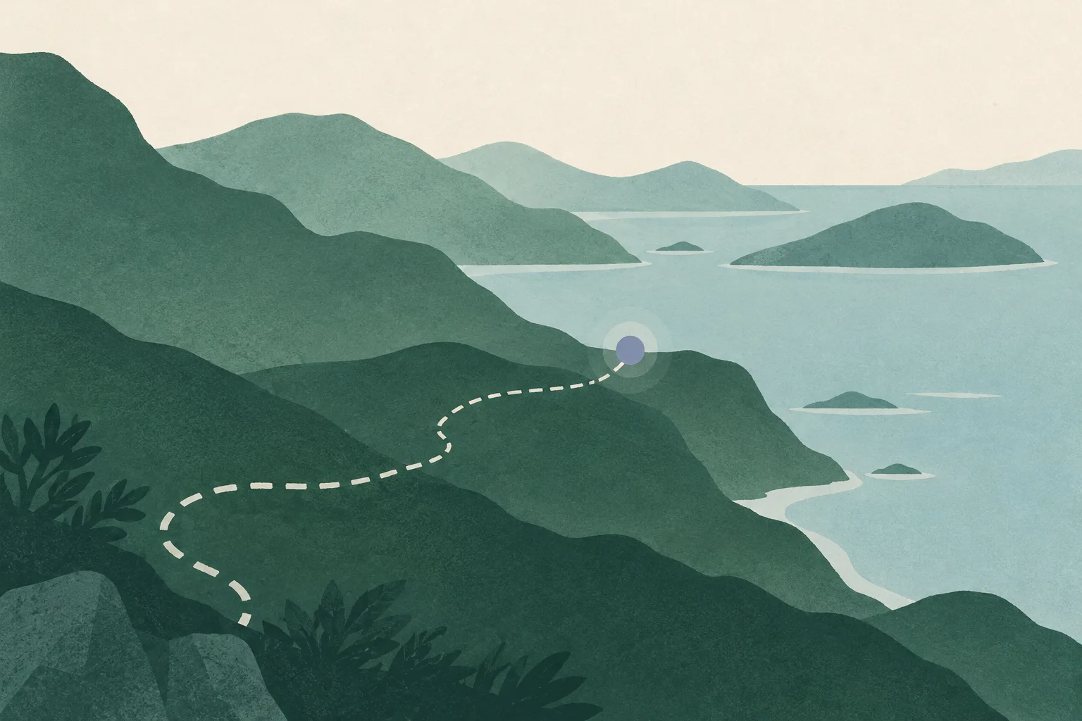 A muted teal trail line pauses between soft cream and pale green abstract contour shapes.