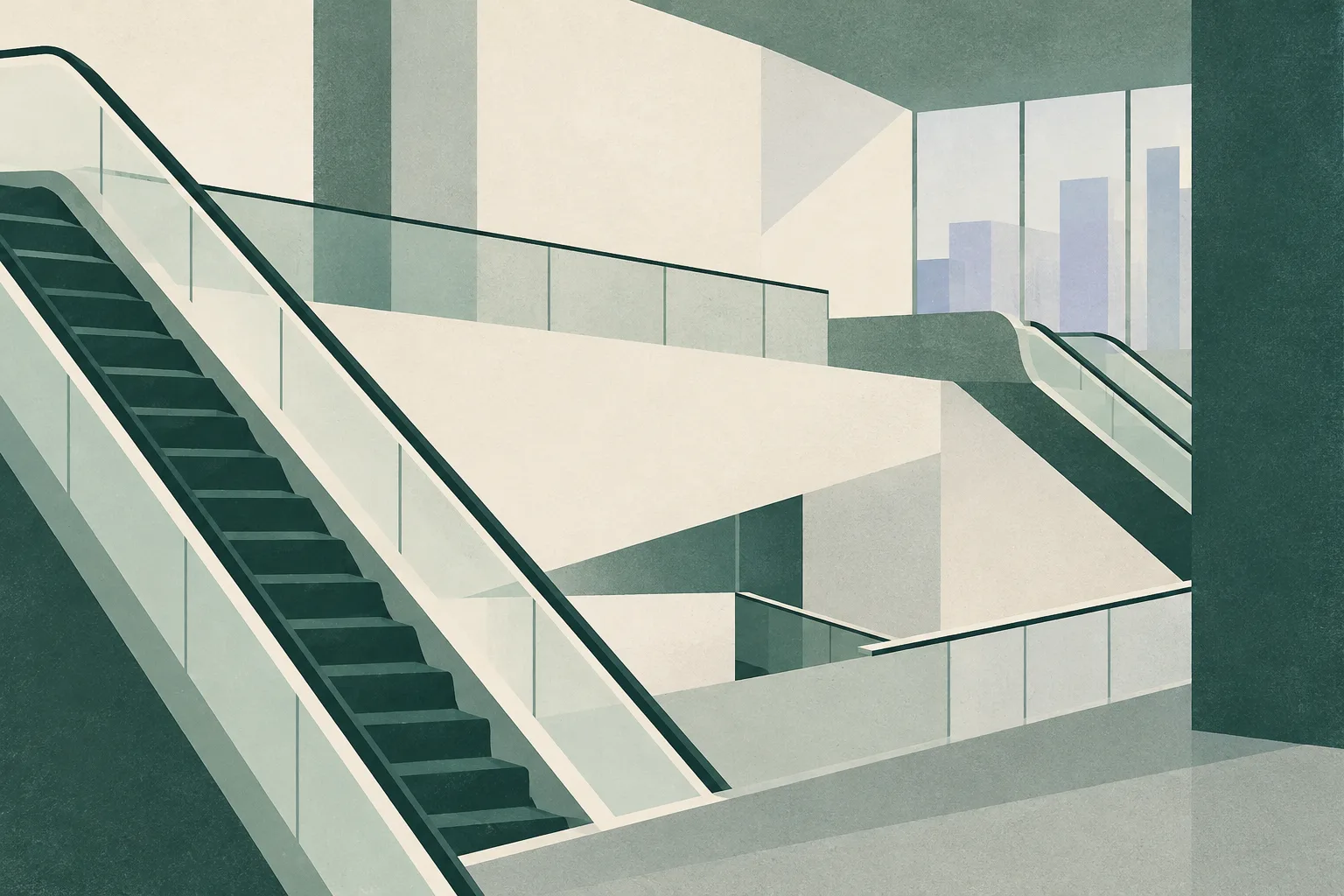 Muted green and cream geometric planes form an abstract arrangement of parallel escalator-like lines, with a small blank gap between the shapes.