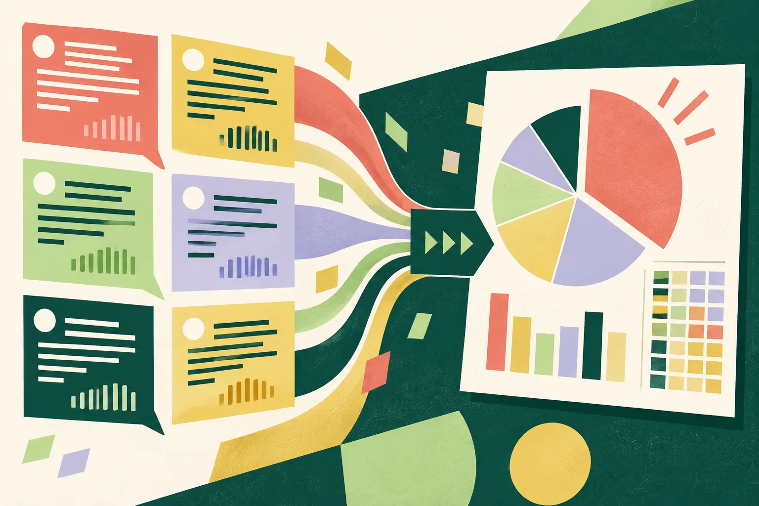 Six colourful abstract panels of transcript-like marks flow into a simple data grid, where one panel occupies about a third of a speech-volume graphic.