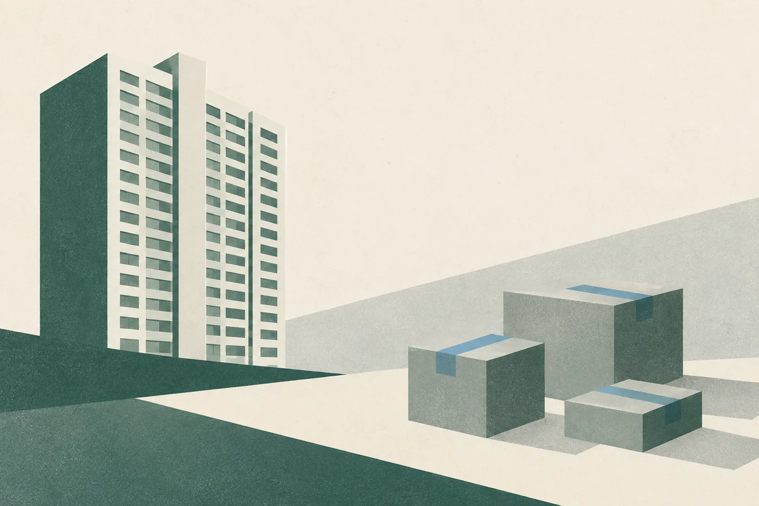 A generic residential block shape and several small unmarked rectangles sit apart on a soft cream field, with a subtle break in the surrounding geometry.