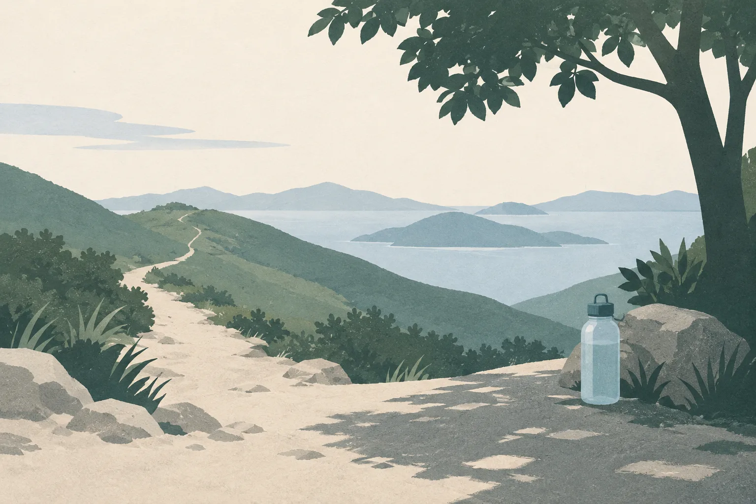 A simple hillside trail contour passes beside a shaded patch, with a small water bottle on a cream ground.