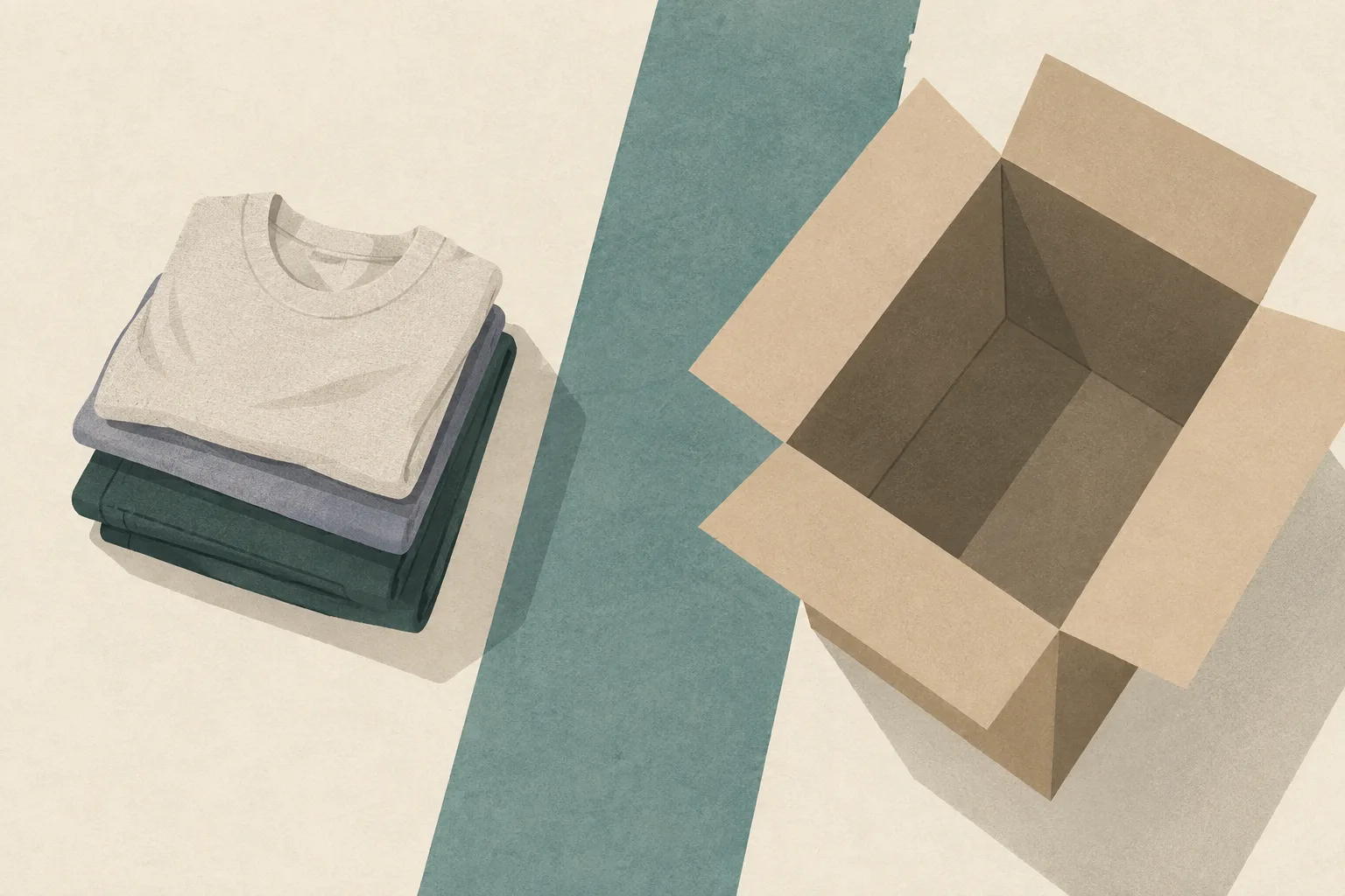 A few folded garments sit beside a plain open carton, separated by a muted teal shape on a cream background.