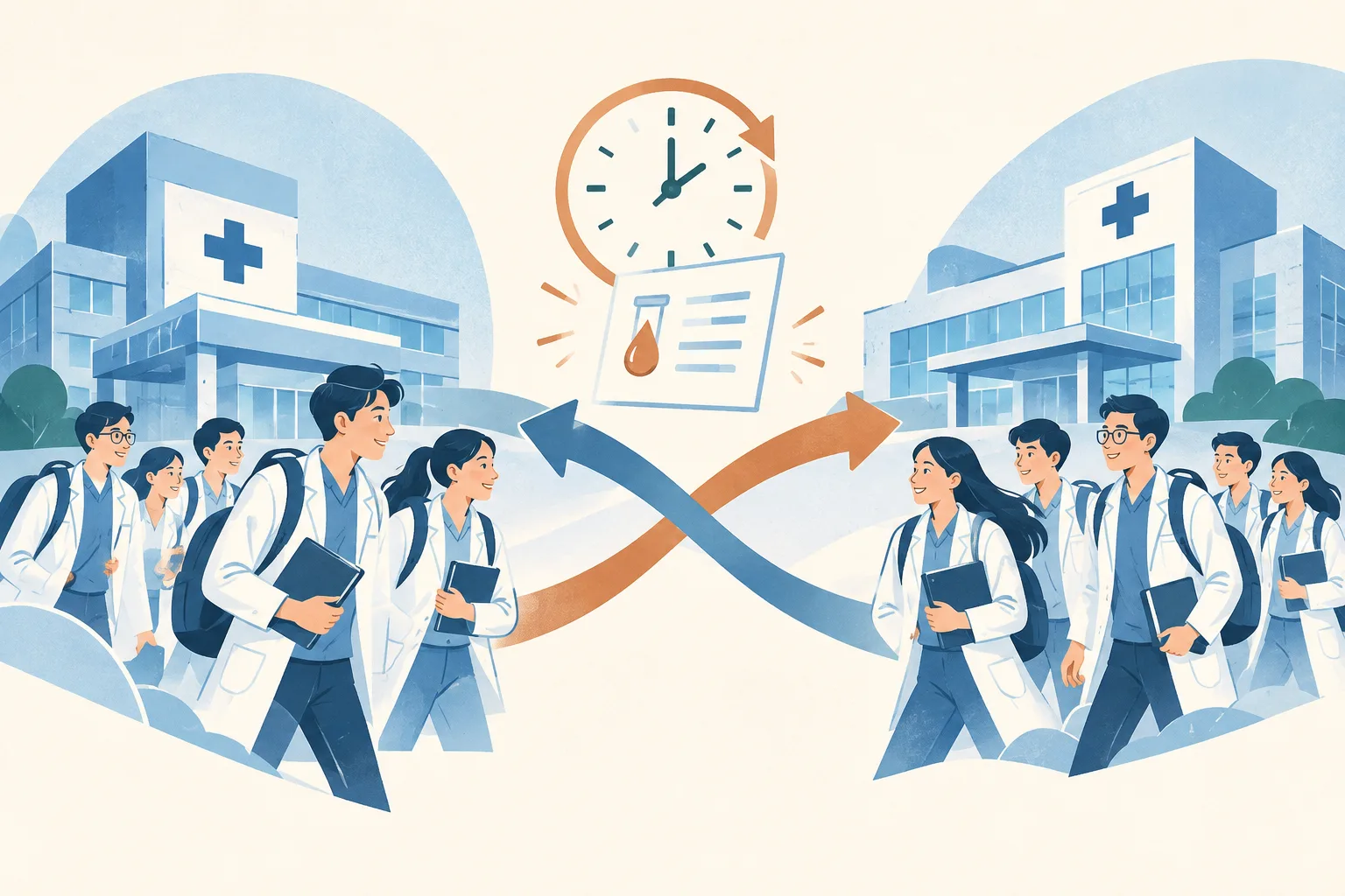An abstract exchange diagram links two generic hospital forms with crossing routes, student-count markers, and a clock-ring beside a blank result card.