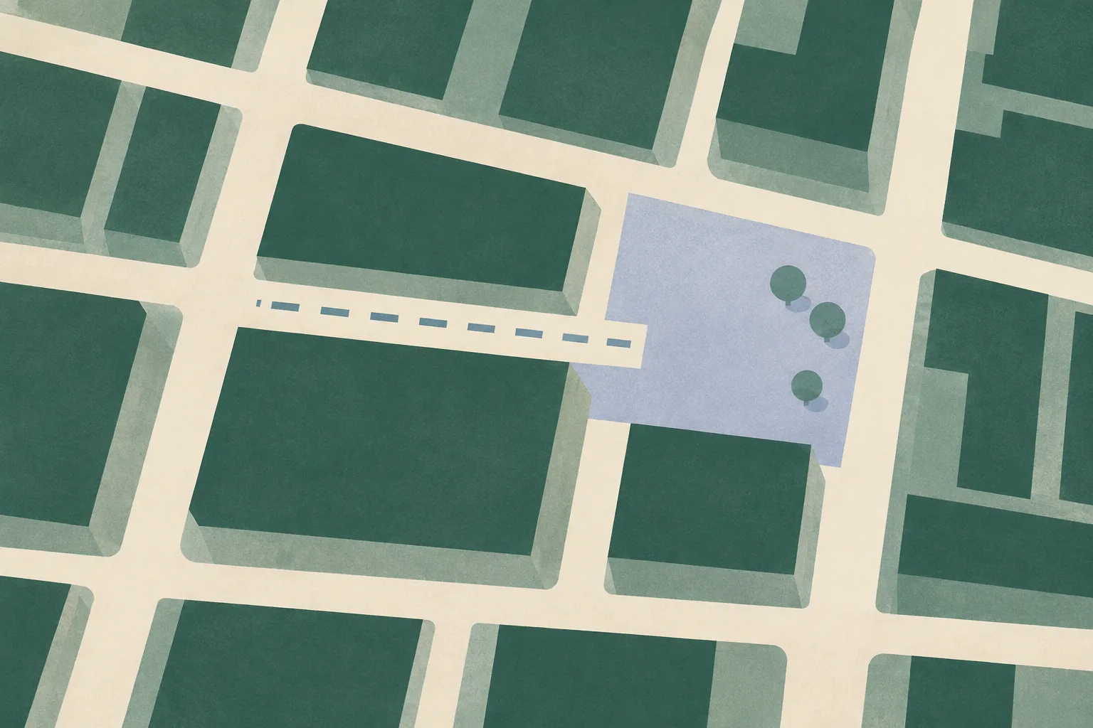 A sparse abstract street grid in muted green and cream, with one route ending at a small open gap.