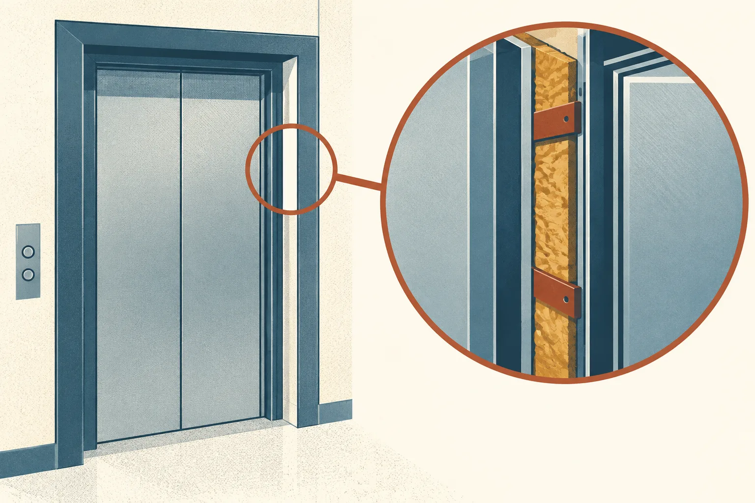 A simplified cutaway of a lift landing door and inner car door, showing the fire-resistant layer and frame concealed between them, with a small inspection highlight.