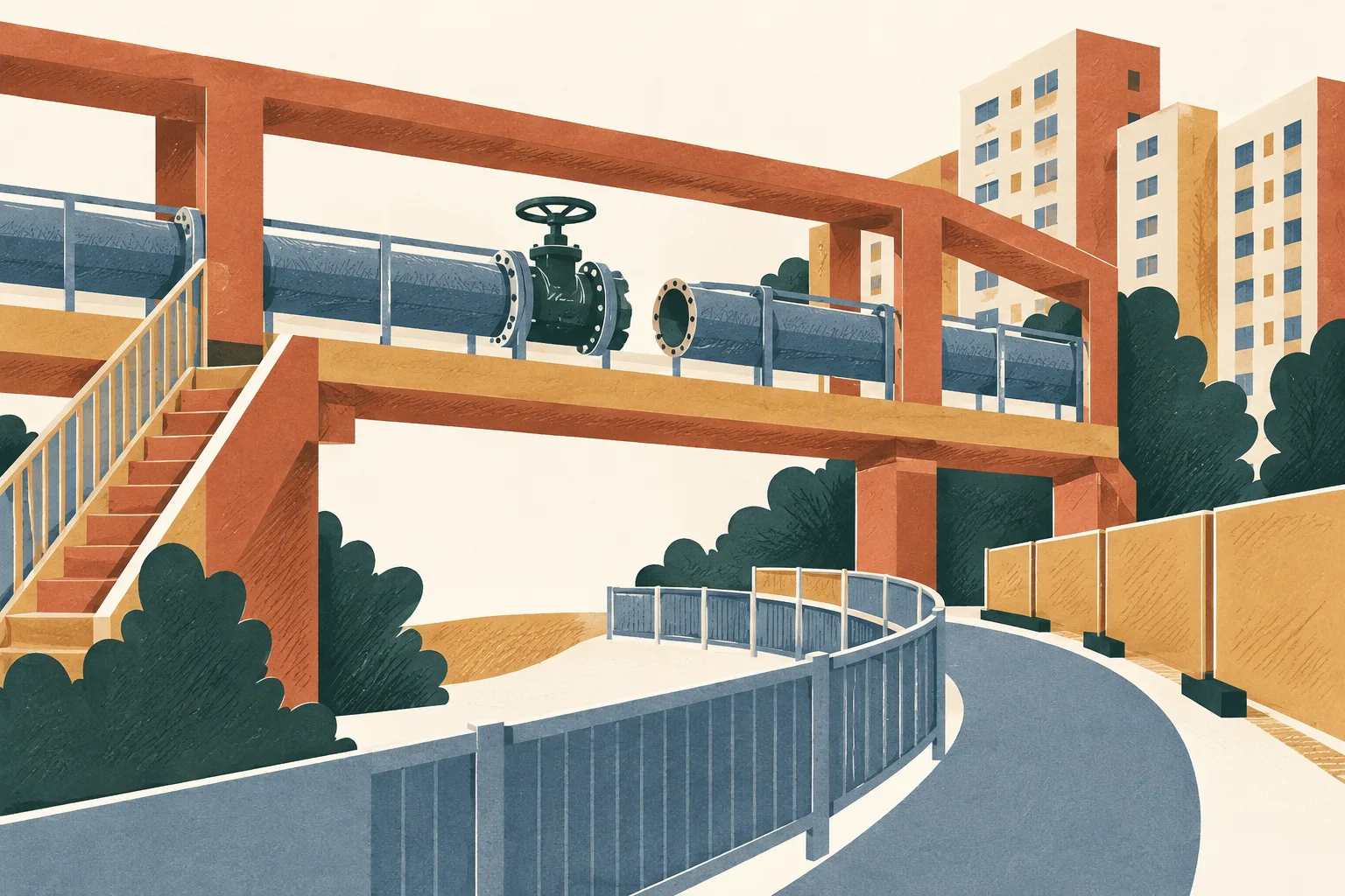 A cut-paper footbridge carries a blue pipe with a small gap beside a shut valve. A curved path detours around it, with simple residential blocks beyond.