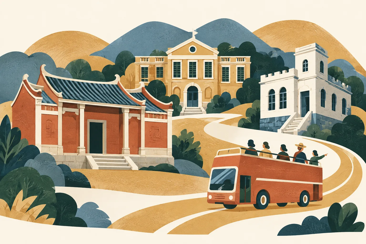 A cut-paper collage of simplified historic hall, school and station forms, linked by a curved route ribbon to a small open-top bus.