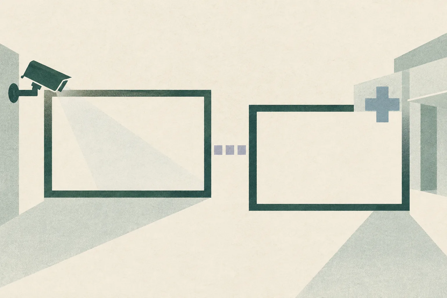 Two empty offset rectangular frames sit apart on a soft cream field, with a narrow break between them and muted teal accents.