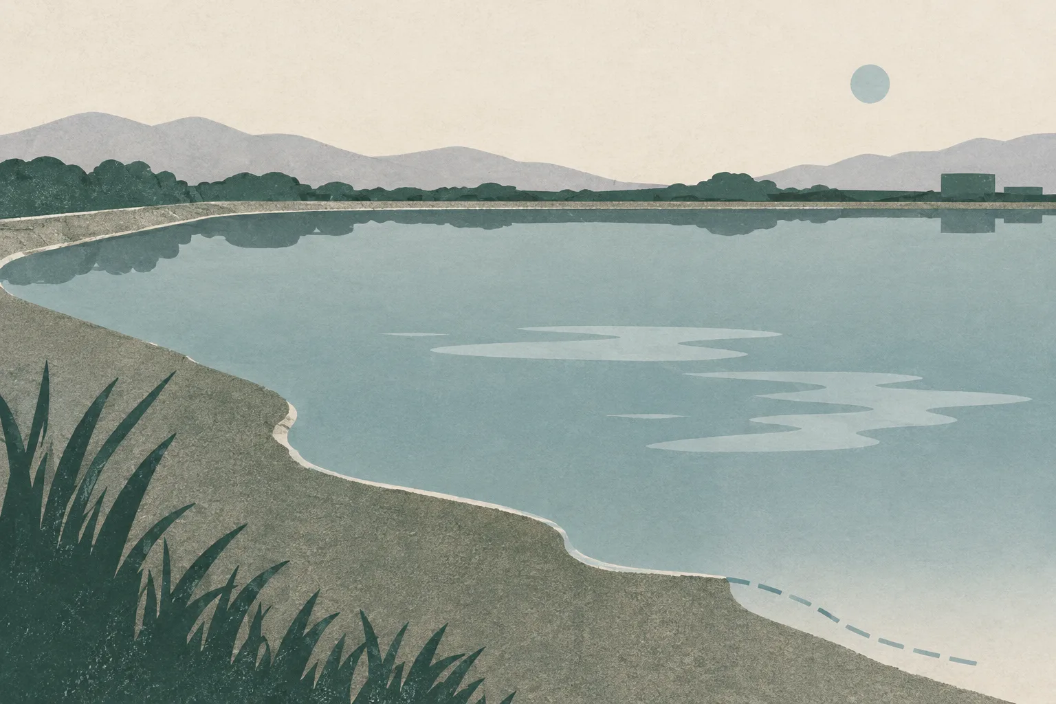 A pale abstract pond plane meets a simple shoreline, where one contour ends unfinished against a soft green and cream field.