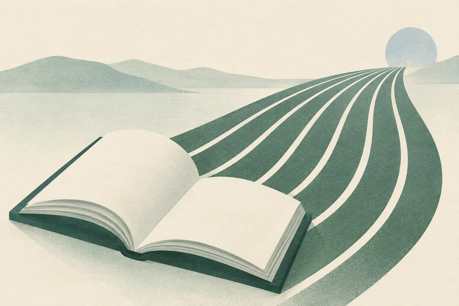 A simple book form sits beside seven muted horizontal bands on a cream background, arranged as a quiet abstract composition.