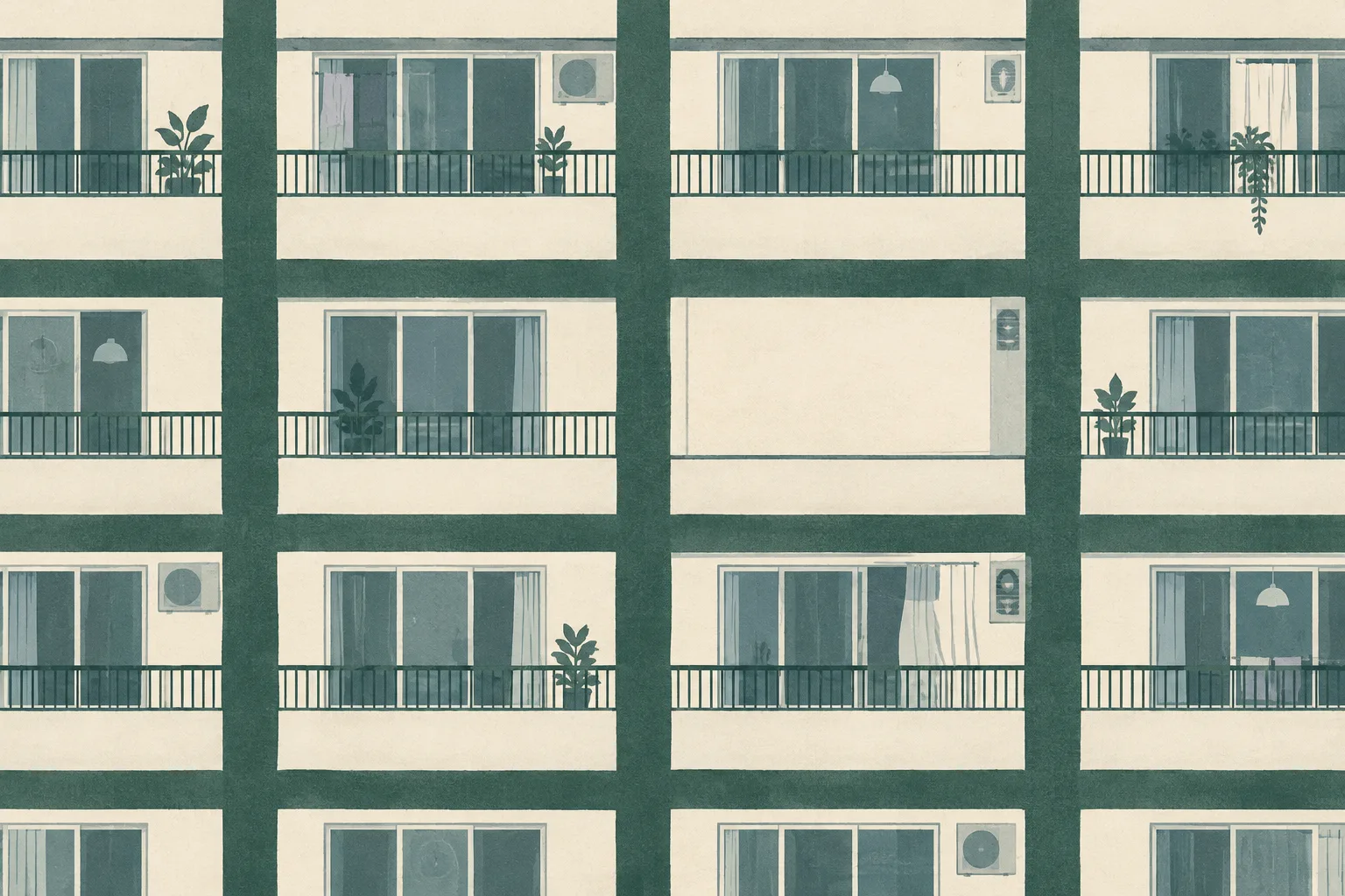 A muted green and cream abstract residential grid with one blank space, set against a softly textured background.