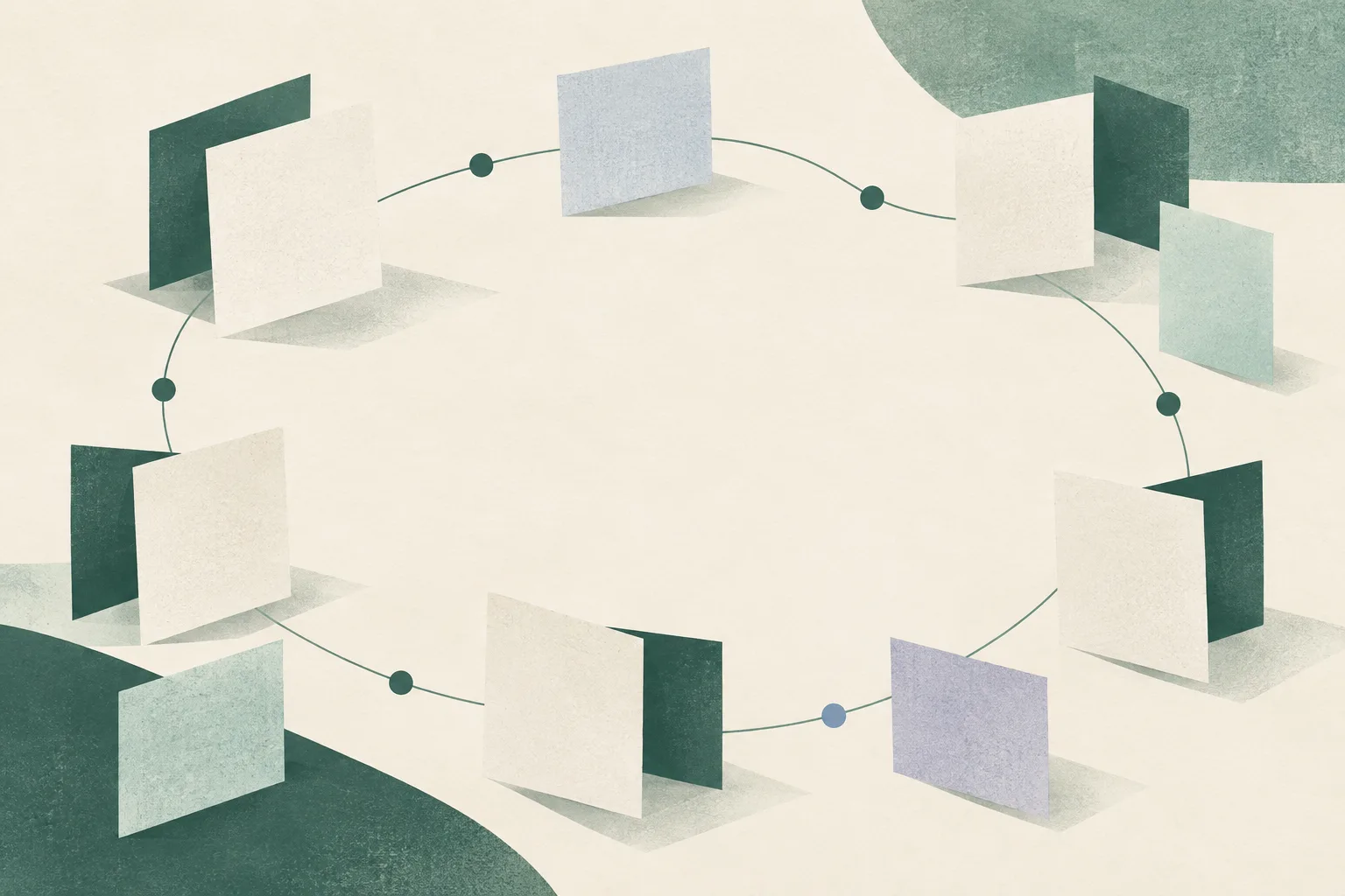 Muted teal paper-like shapes connect in a loose circle around an open central space on a cream background.