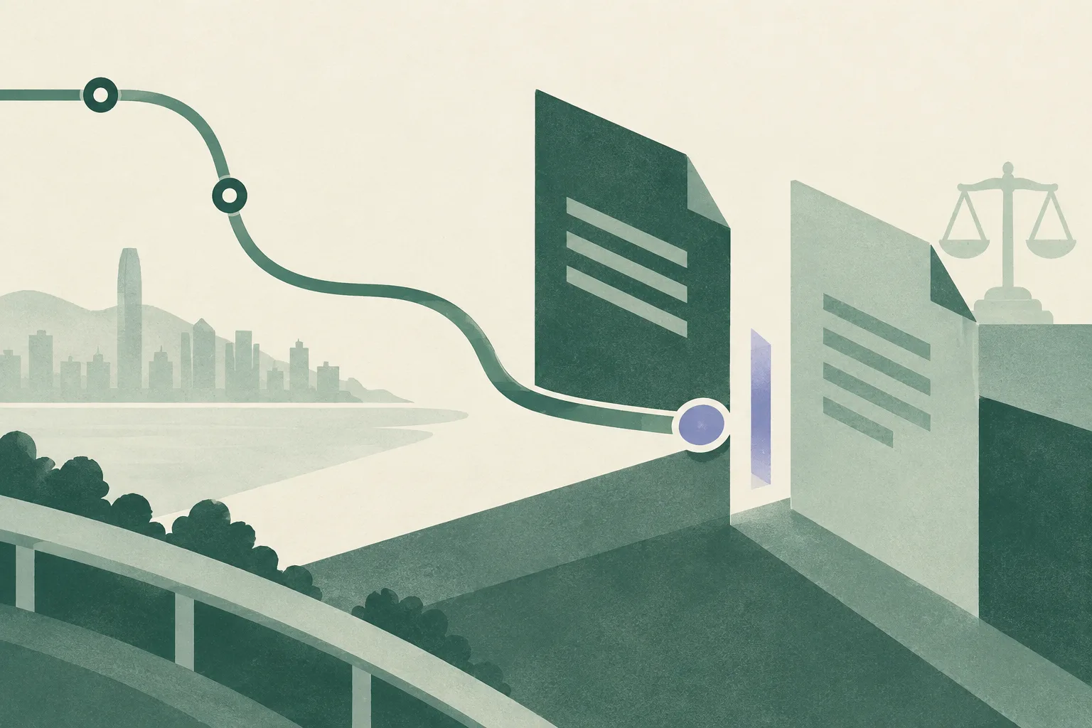 A muted abstract route line stops at a small gap beside two offset blank document shapes on a cream ground.
