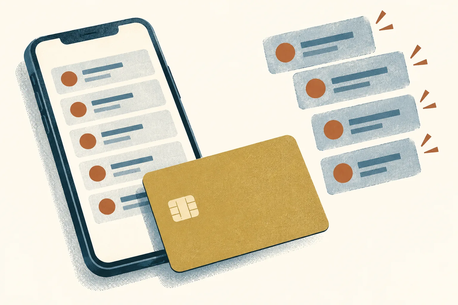 A generic smartphone and blank payment card sit beside several repeated abstract transaction tiles on a light background.
