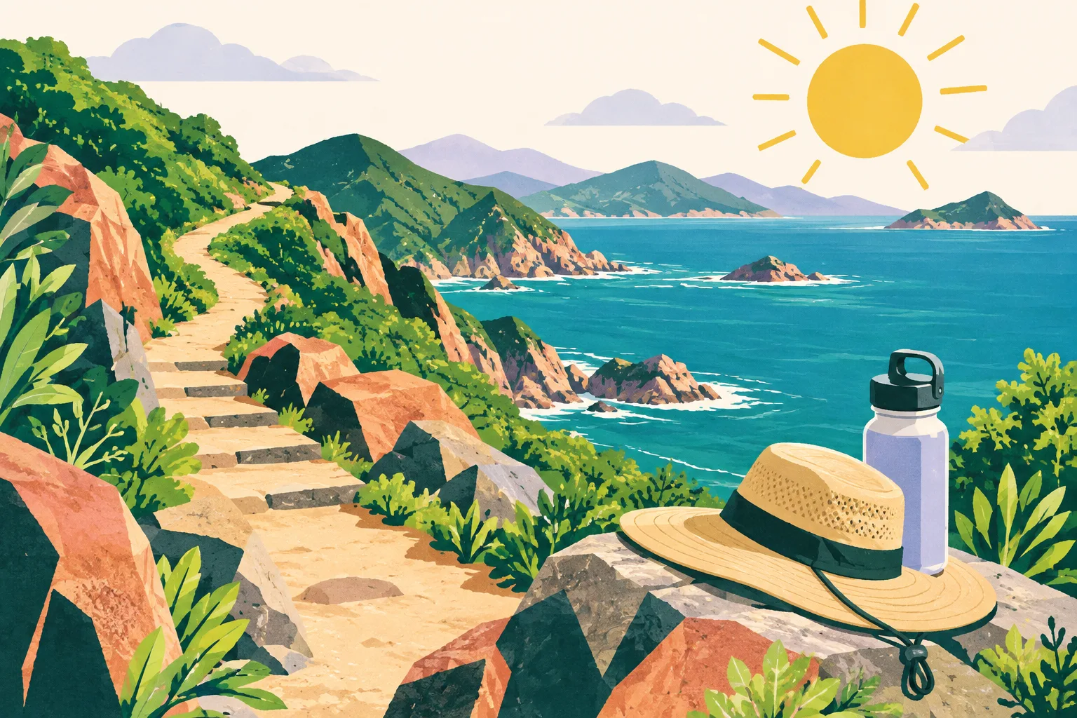 A winding coastal hiking path passes between layered rock shapes beneath a warm sun, with a water bottle and sun hat nearby.