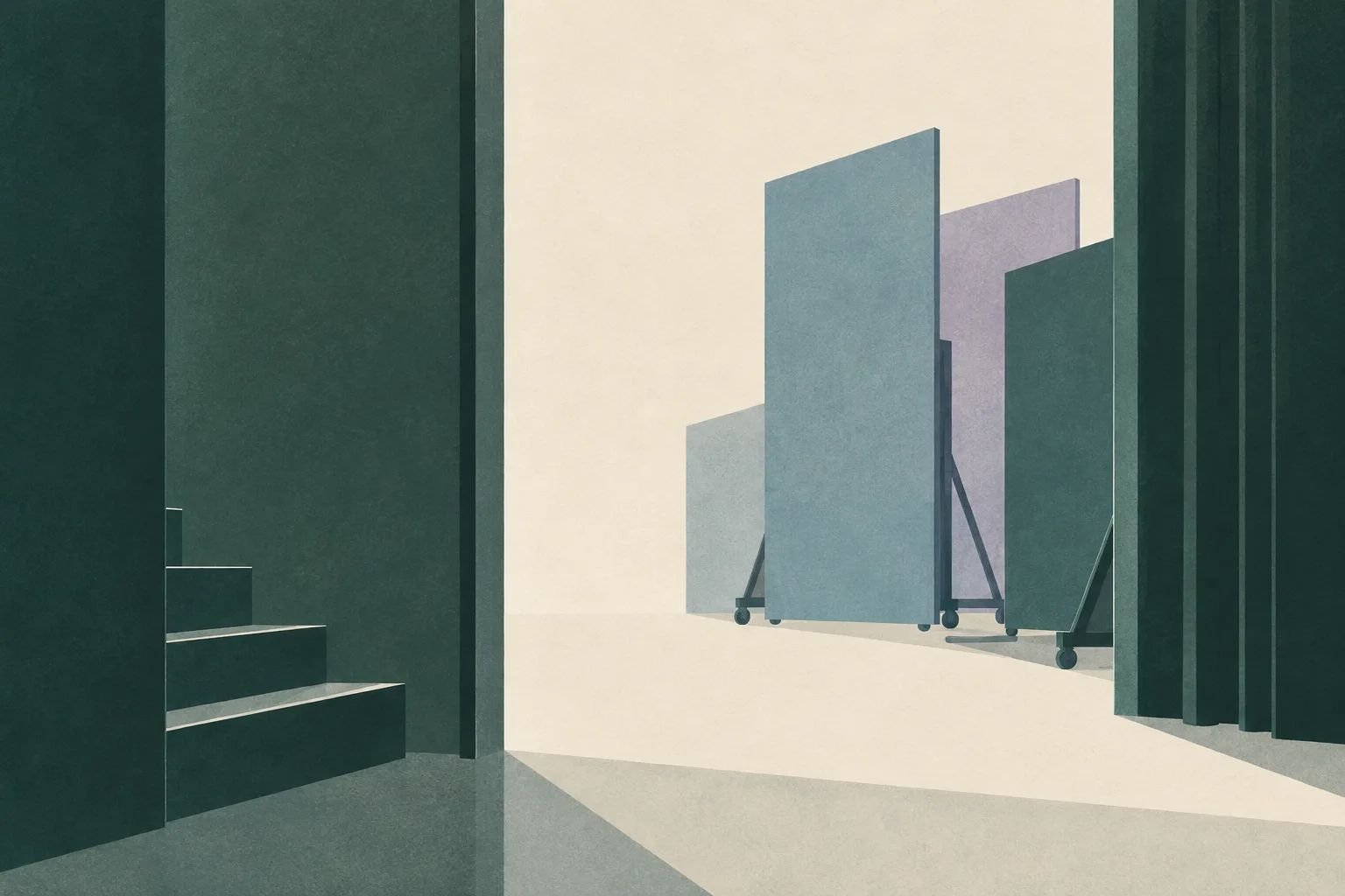 A sparse abstract backstage arrangement of stage panels behind a simple partition, separated by open cream space.