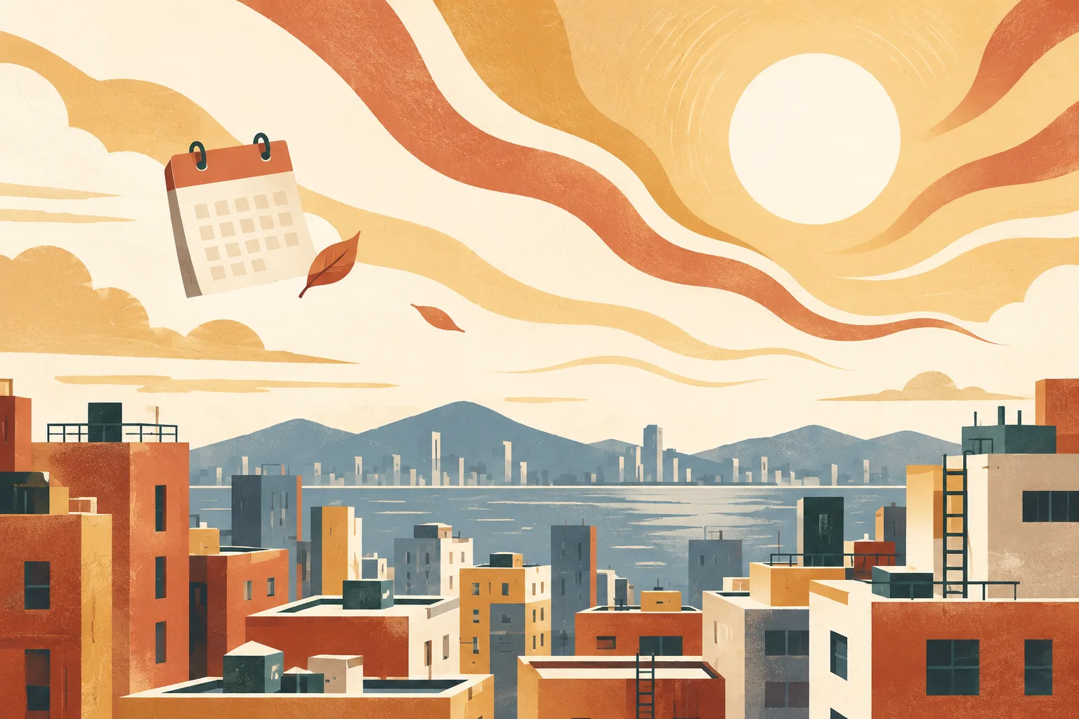 A broad sun shines over simplified urban rooftops as warm ribbons descend through a dry, lightly textured sky; a small blank calendar shape suggests late October.