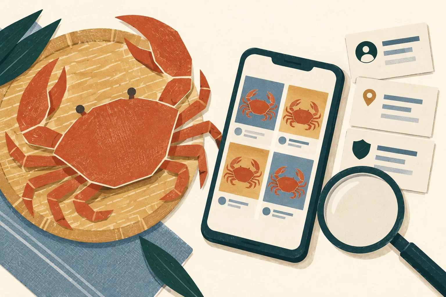 A paper-cut crab shape sits beside a generic phone with abstract shop tiles, a magnifying lens and simple seller-detail cards on a cream background.