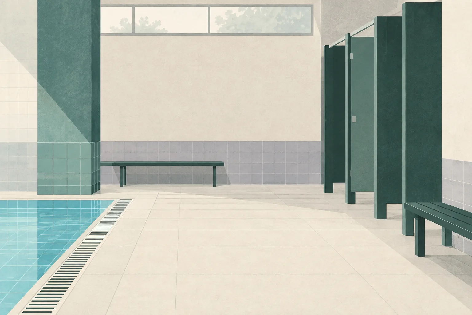 An empty, abstract changing-room space with simple partitions and a bench beside a muted strip of blue tile.