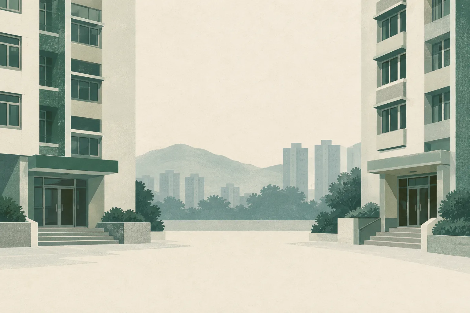 Two abstract residential forms stand apart on a pale ground, separated by a wide, quiet gap.