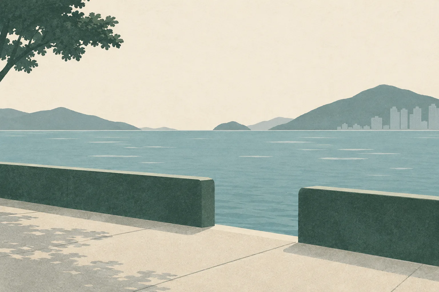 A quiet, simplified sea meets a generic shoreline, with a small break in the boundary line.