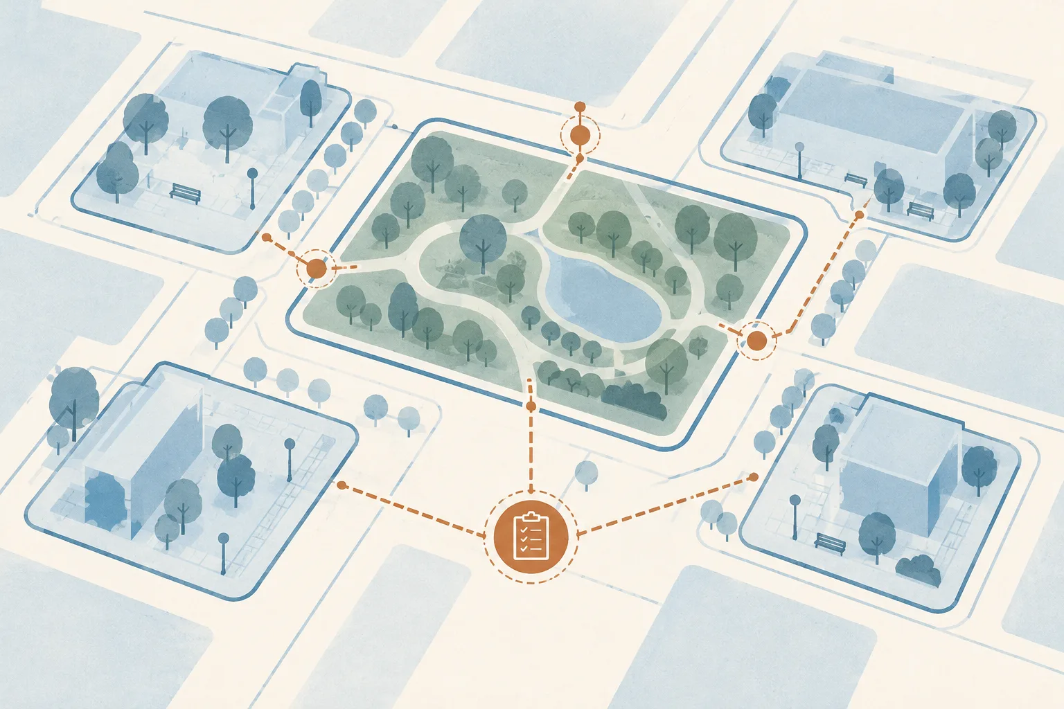 An abstract blue plan links a simple park block with nearby public-space blocks using fine lines and small inspection markers.