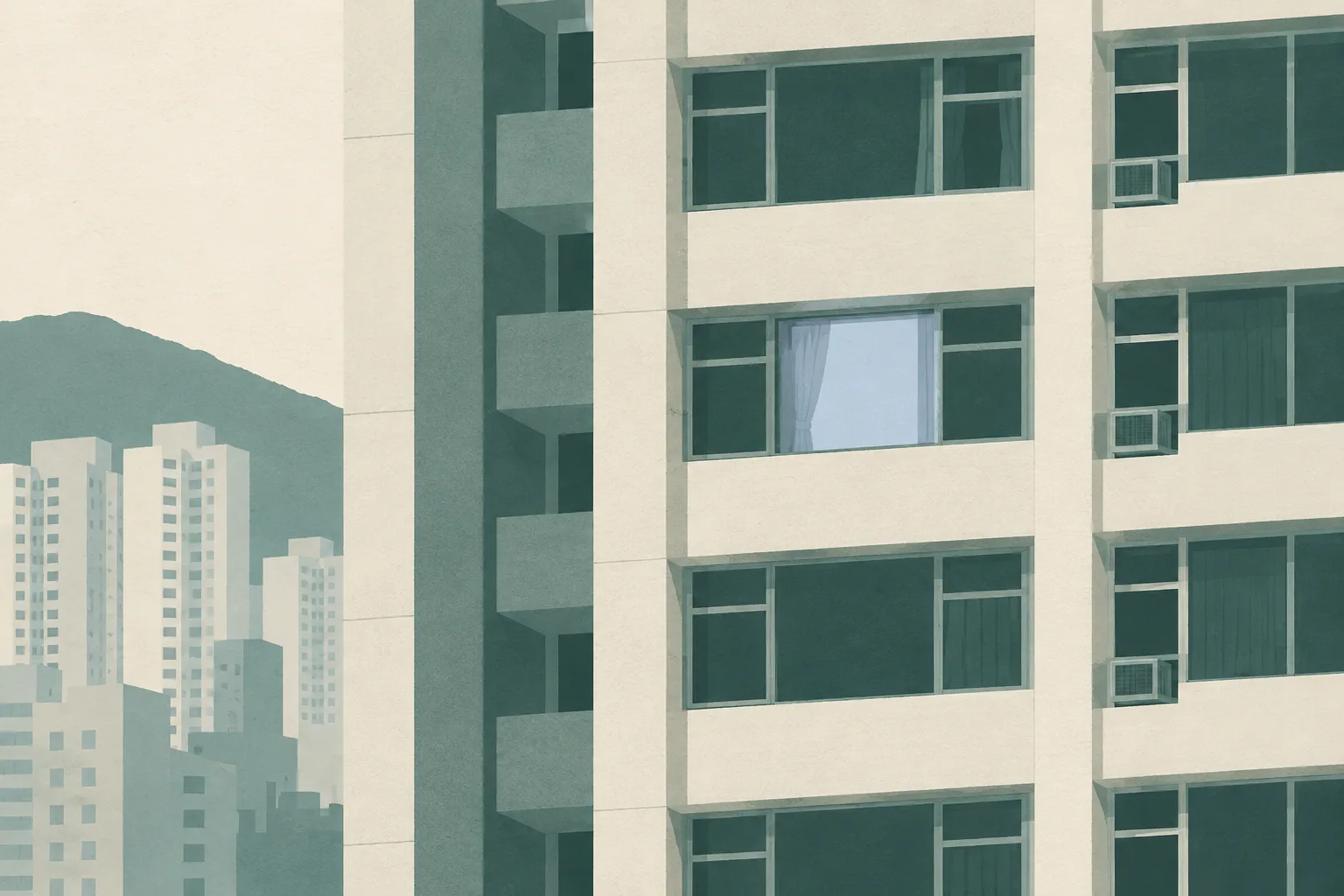 A muted residential facade with one apartment window set apart by a softly interrupted plane.