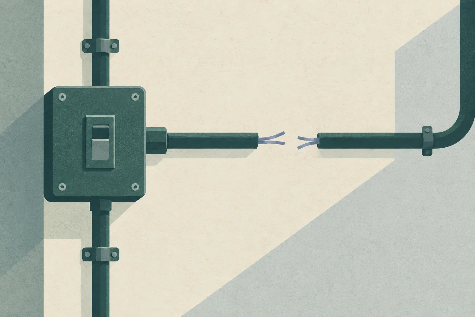A simplified electrical component and conduit sit apart on a pale ground, with a clear gap interrupting the line.