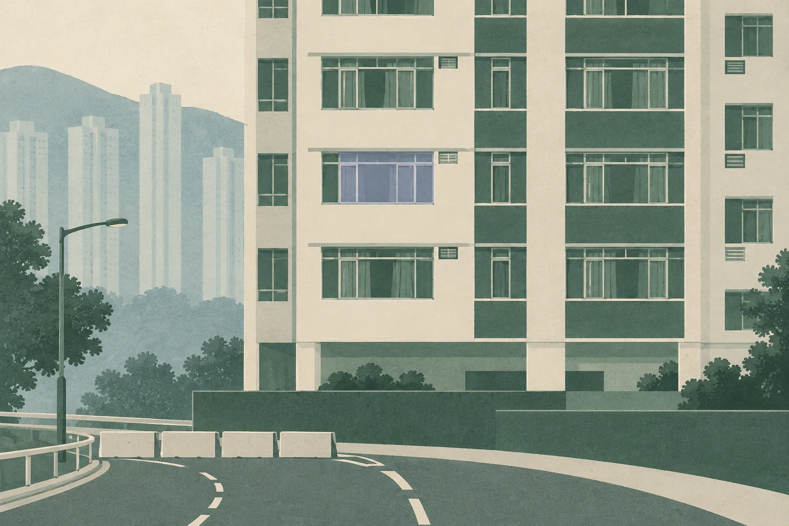 A simplified residential facade has one subdued middle-floor window, with a fine road line below bending aside.
