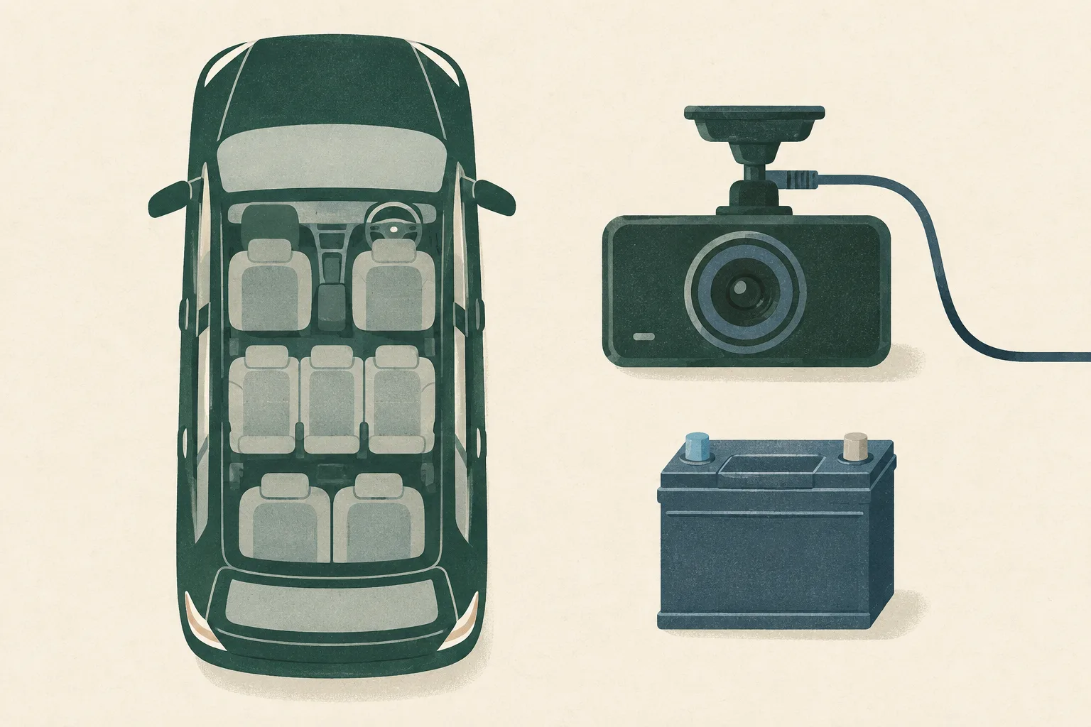 A generic vehicle dashboard, an inoperative dashcam, and a separate battery arranged on a cream background.