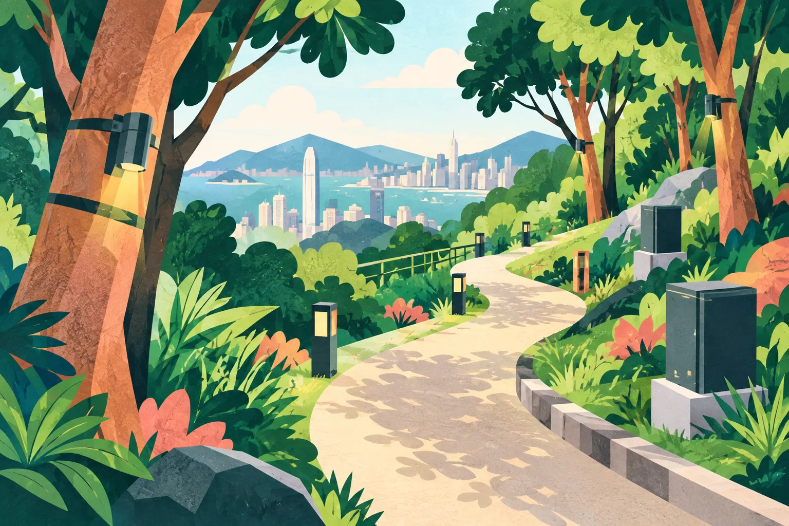 A curved hillside path passes between layered green trees and small coral and ochre lighting shapes, with open grass and ample cream-colored space.