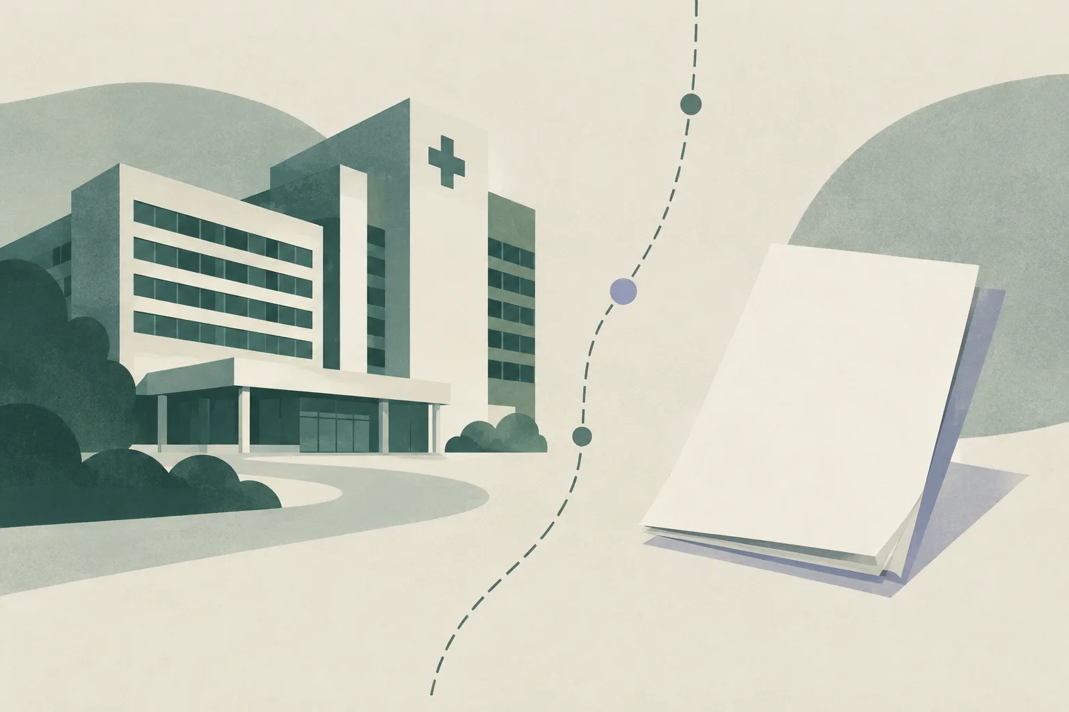 A pale geometric hospital-like block and an unmarked folded document sit on a cream field, divided by a fine broken line.