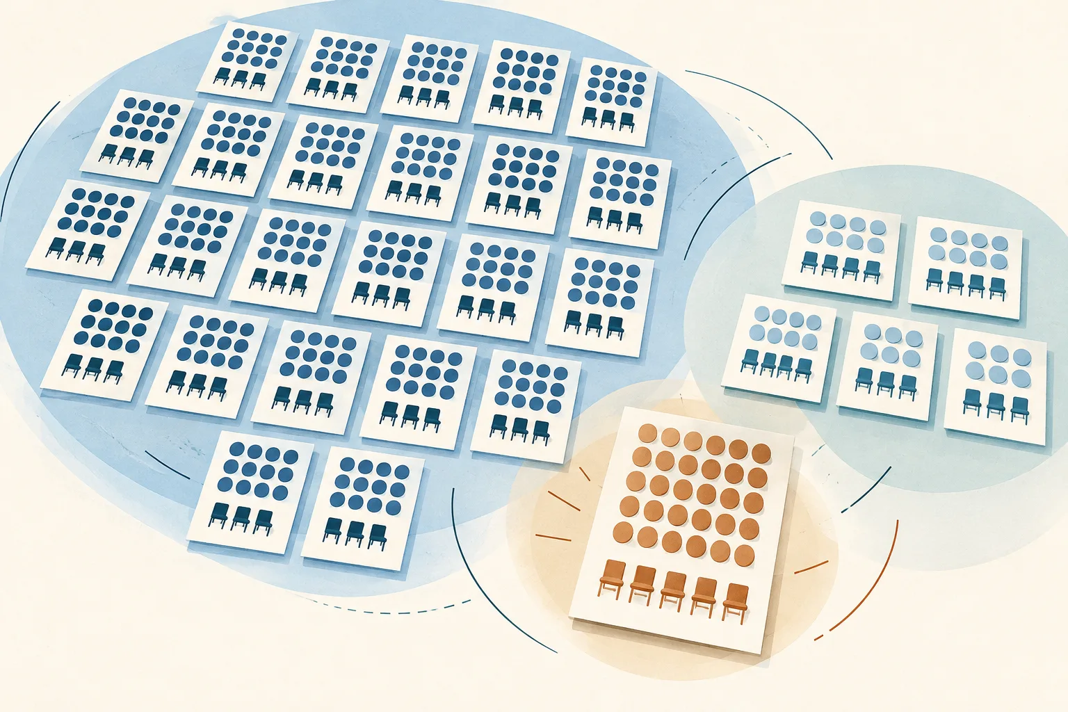 An abstract election diagram shows pale nomination-form tiles arranged around candidate dots and seat markers, with most groups extending beyond their markers and a few matching evenly.