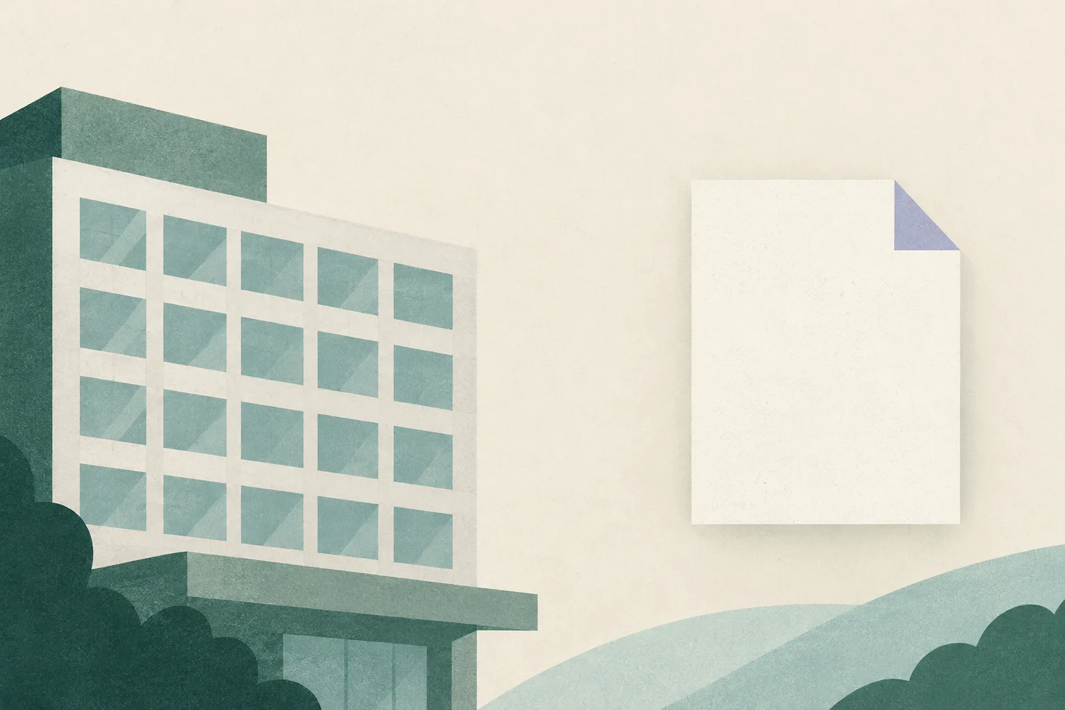 A muted teal window grid and a separate blank document shape sit on a warm cream field, divided by generous empty space.