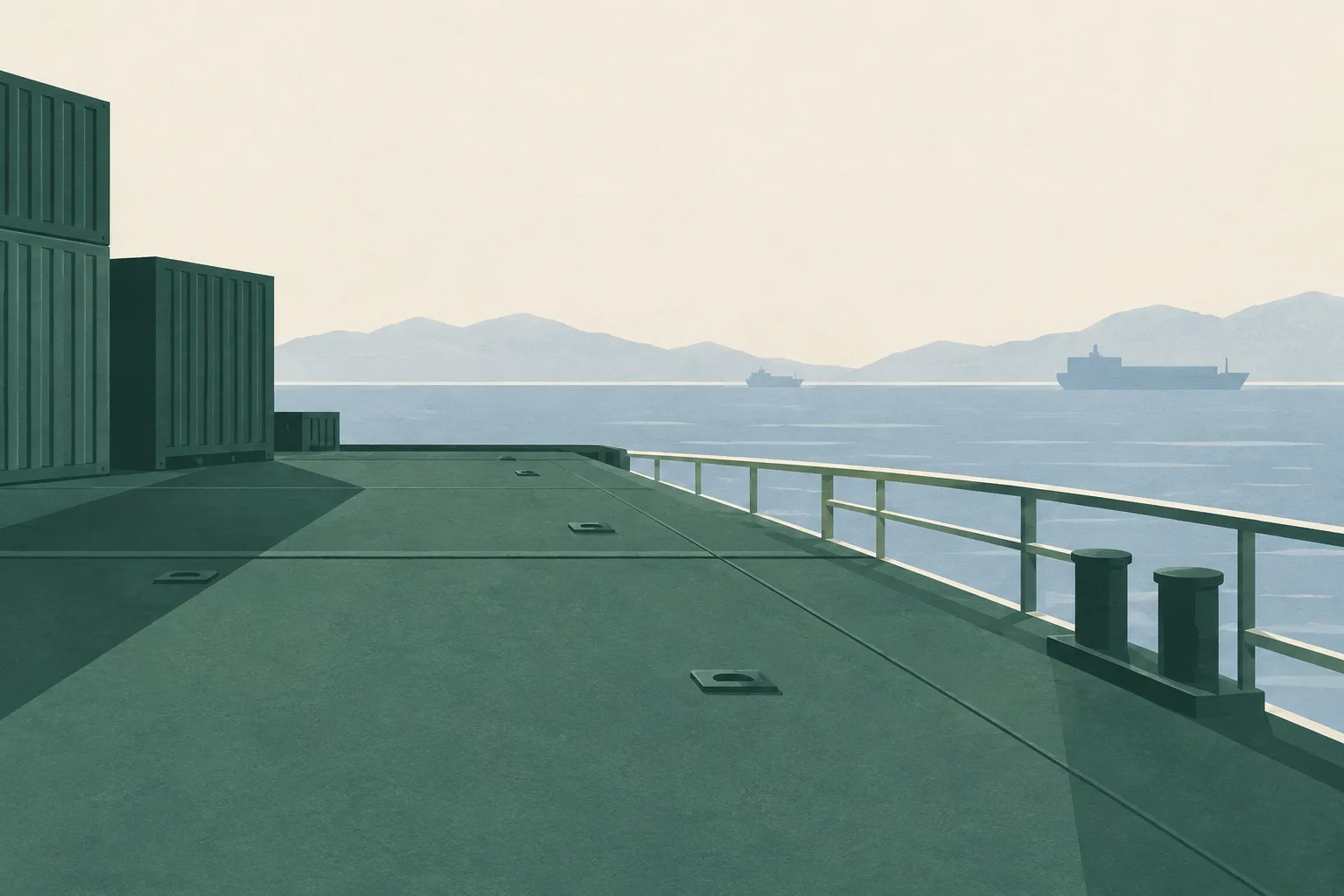 A muted green and cream abstract composition of a broad, unmarked deck plane with a subtle geometric interruption.