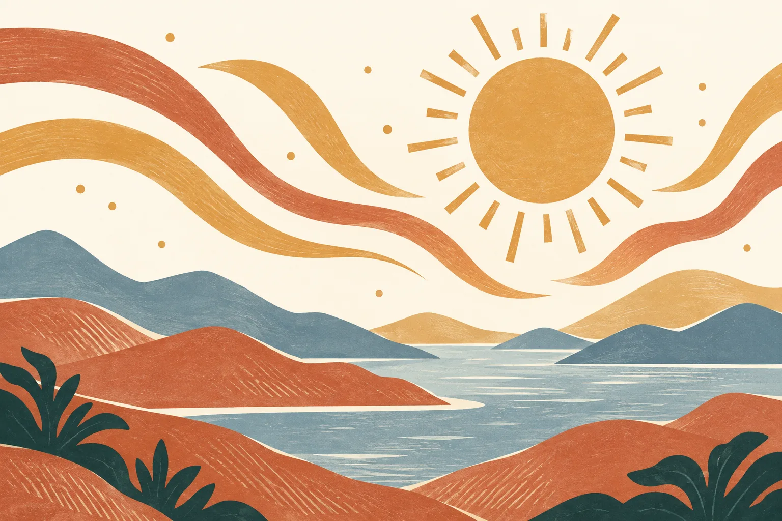 A flat ochre sun sits above layered cream and terracotta shapes, crossed by broad warm-colored heat-wave ribbons and scattered dry-air dots.