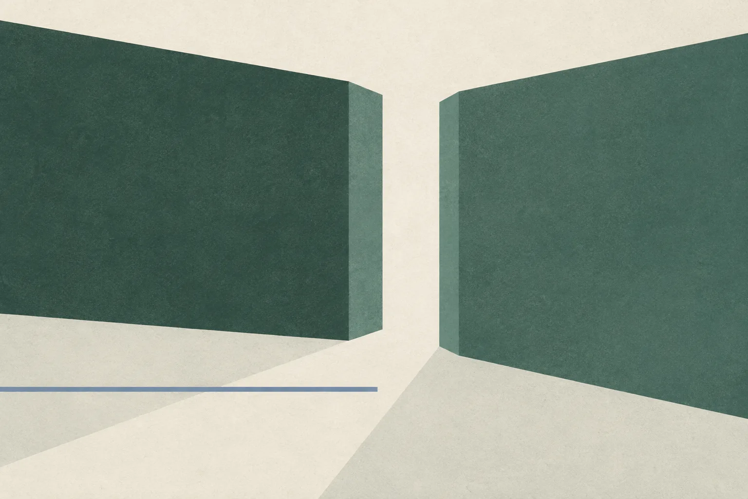 Muted green and cream abstract planes meet at a narrow boundary, where a fine line stops short of crossing.