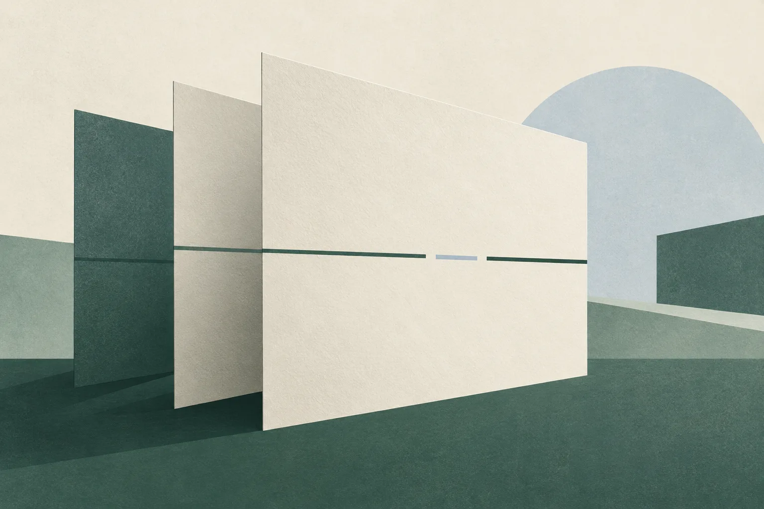 A few muted green and cream paper-like planes sit apart on a pale ground, crossed by a fine line that stops at a small gap.