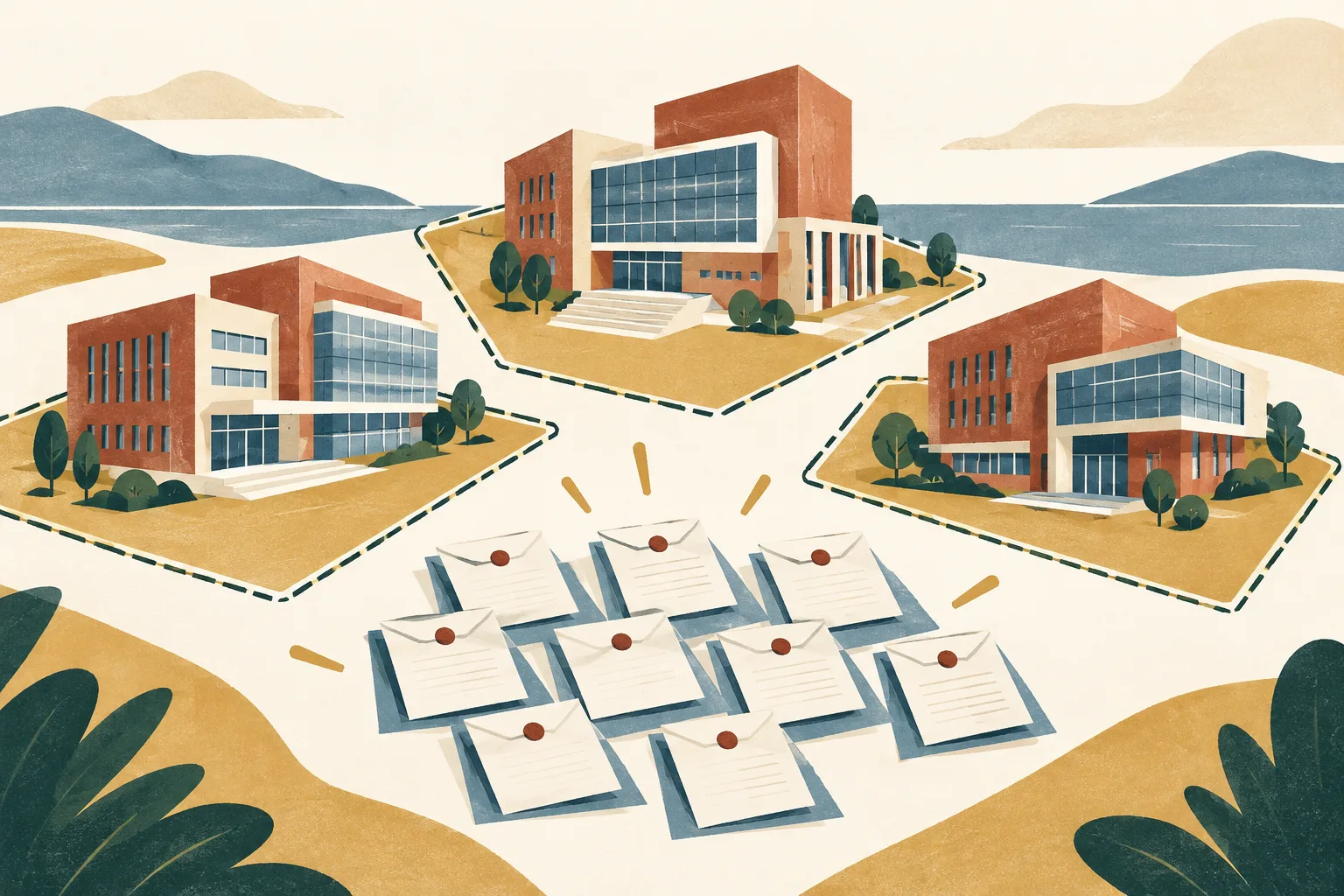 Three abstract site blocks contain simplified laboratory and office forms, with nine small bid slips arranged alongside them.
